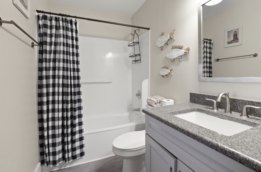 Guest bathroom is a tub/shower combination.
